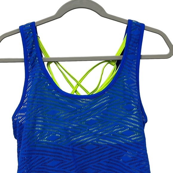 NWT GO by Gossip Sporty Splice Tankini Small Swimsuit Top Sports Bra Blue Lime - Picture 4 of 16
